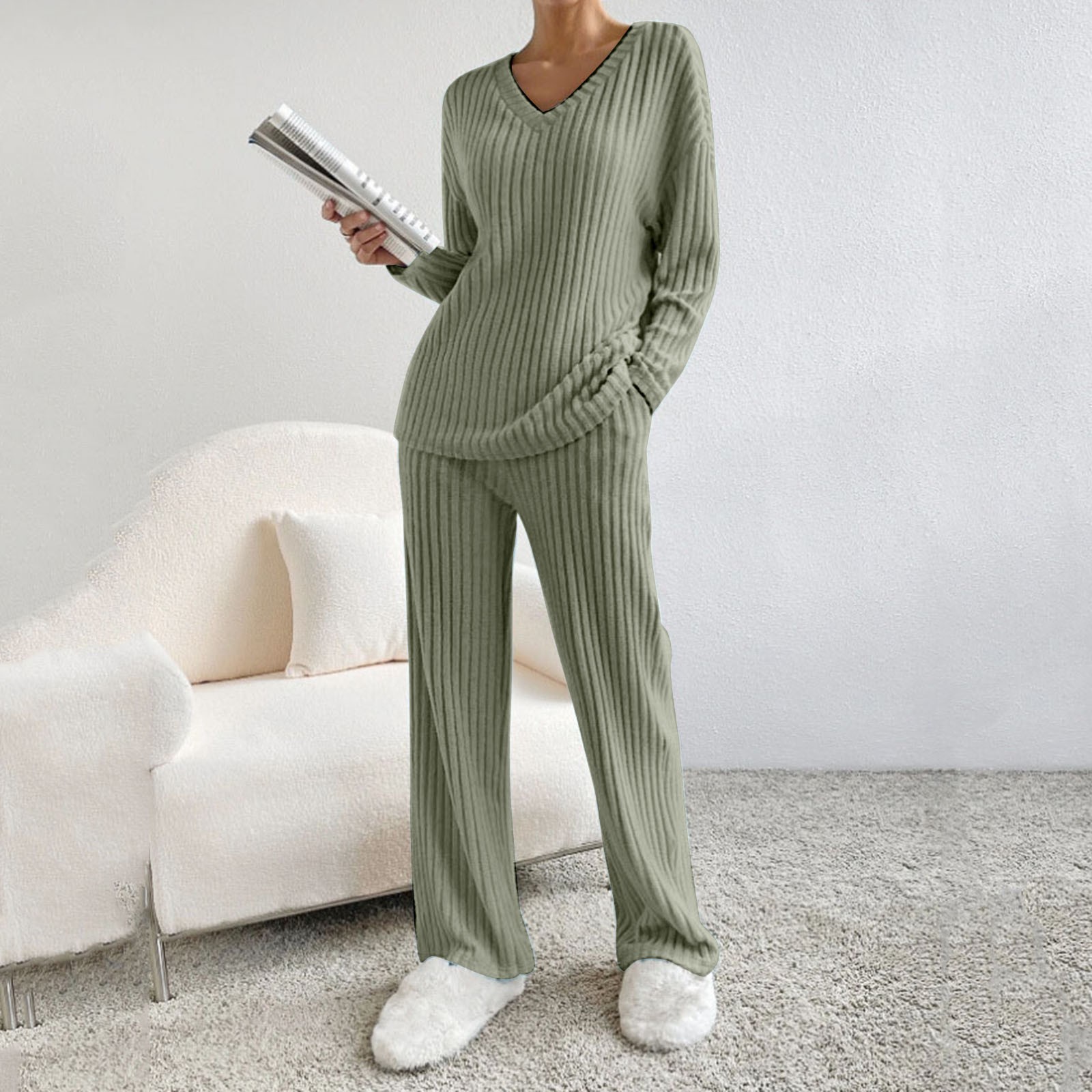 thumbnail image 5 of Conjunto de dos piezas de punto para mujer: jersey y pantalones anchos, color liso, otoño/invierno, poliéster, tallas S-XXL, 5 of 7